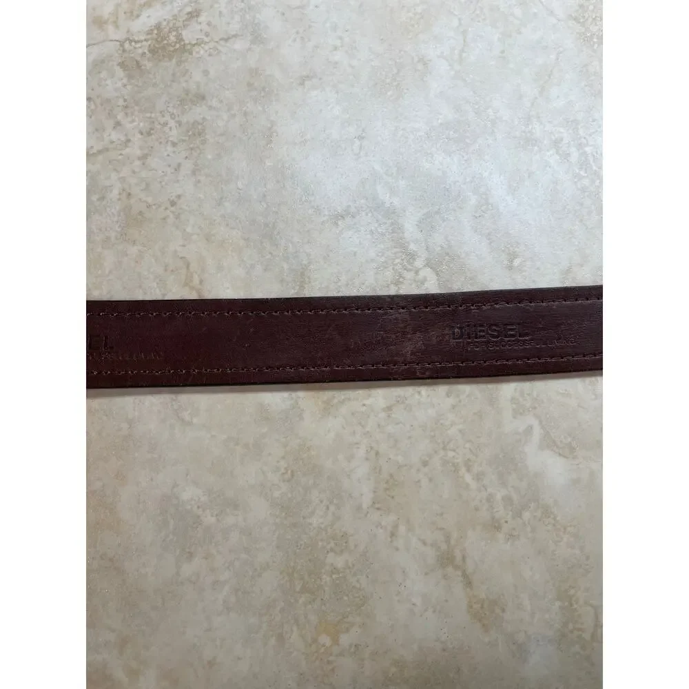 Diesel Belt M Brown Leather Silver Buckle Logo Embossed Casual Everyday